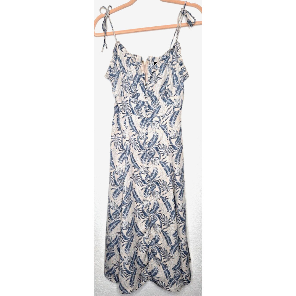 Womens Palm Print Midi Dress Medium Blue White Tropical Leaf Button Up Vacation‎